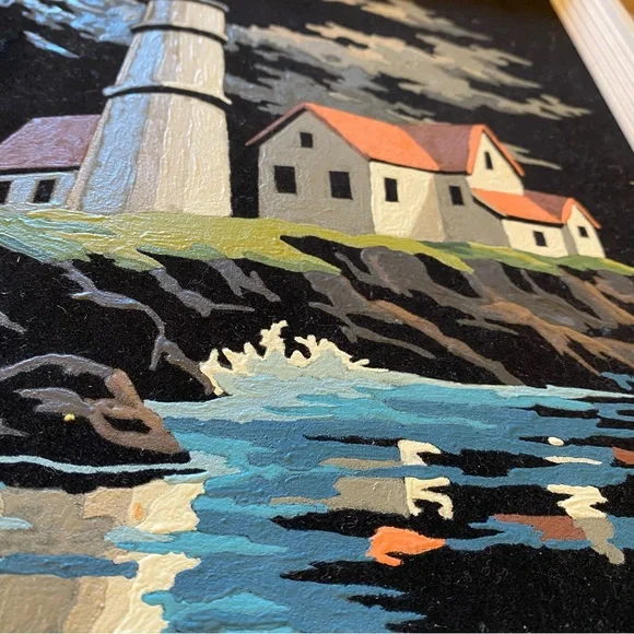 Vtg Paint by Number Painting Black Velvet Light House Scene Framed - Picture 3 of 3